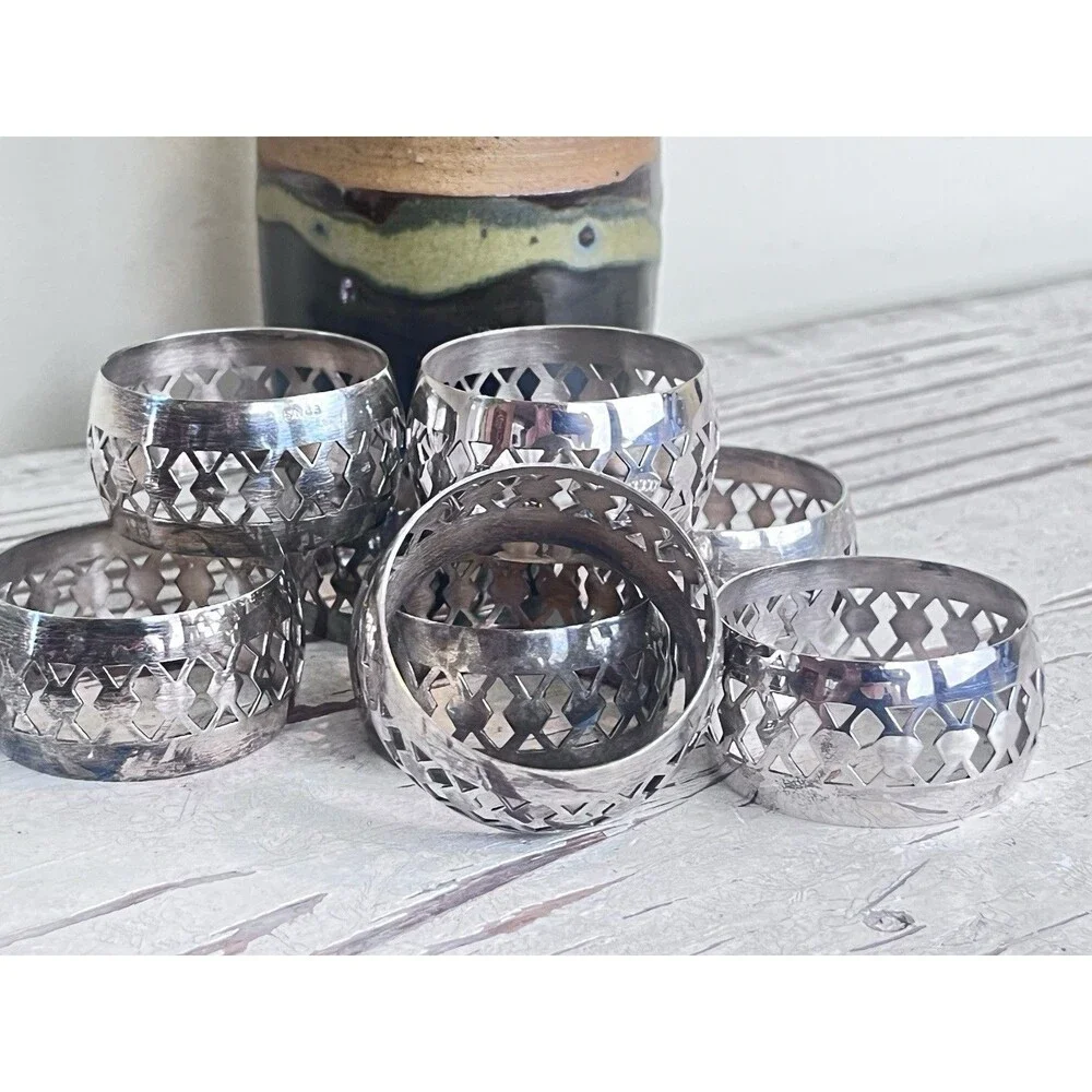 Vintage English Ornate Silver Plated EPNS Napkin Rings Tableware (Set Of 8)